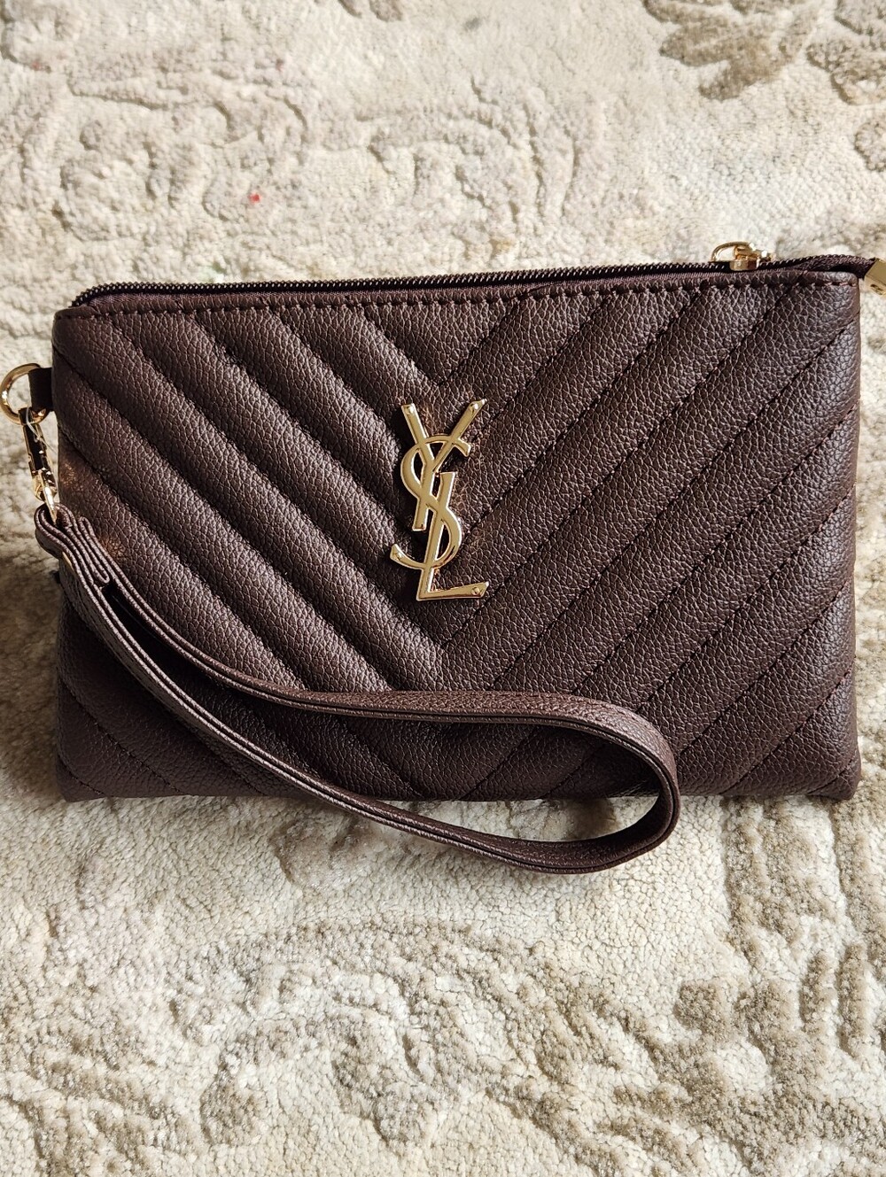 Saint Laurent Dark Brown Quilted Leather Wristlet with Gold YSL Emblem